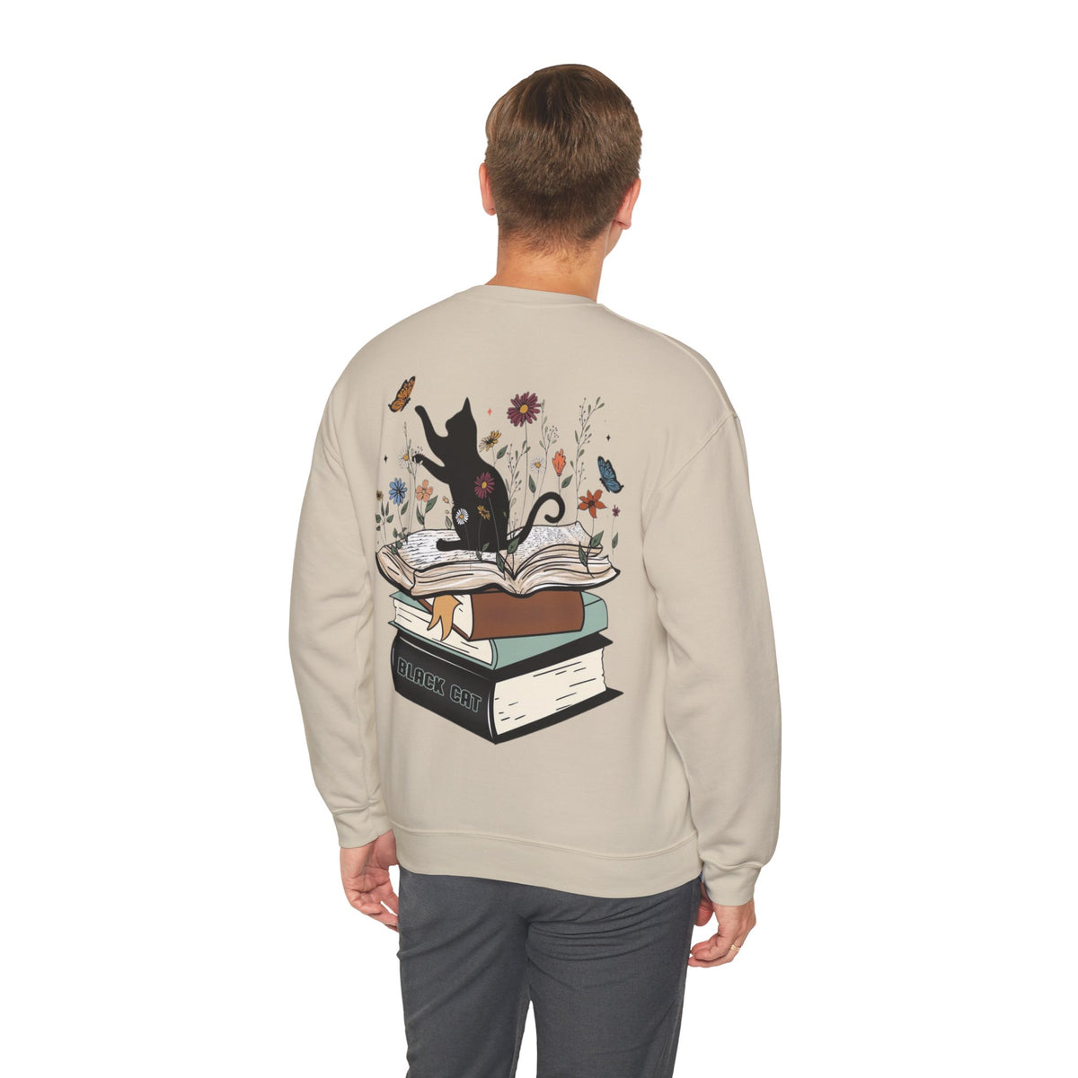 ORVIAN — Life Is Better With Flowers, Cats & Books Crewneck, Black Cat Book Stack Unisex