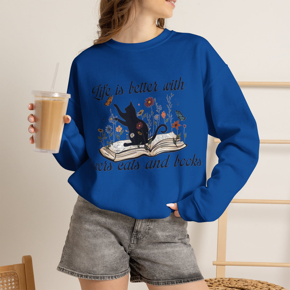ORVIAN — Life Is Better With Flowers, Cats & Books Crewneck, Black Cat Book Stack Unisex