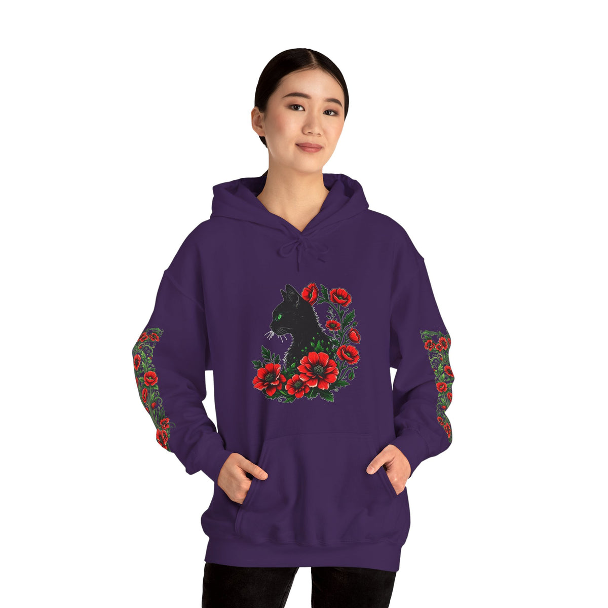 ORVIAN — Black Cat & Red Poppies Unisex Heavy Blend Hoodie