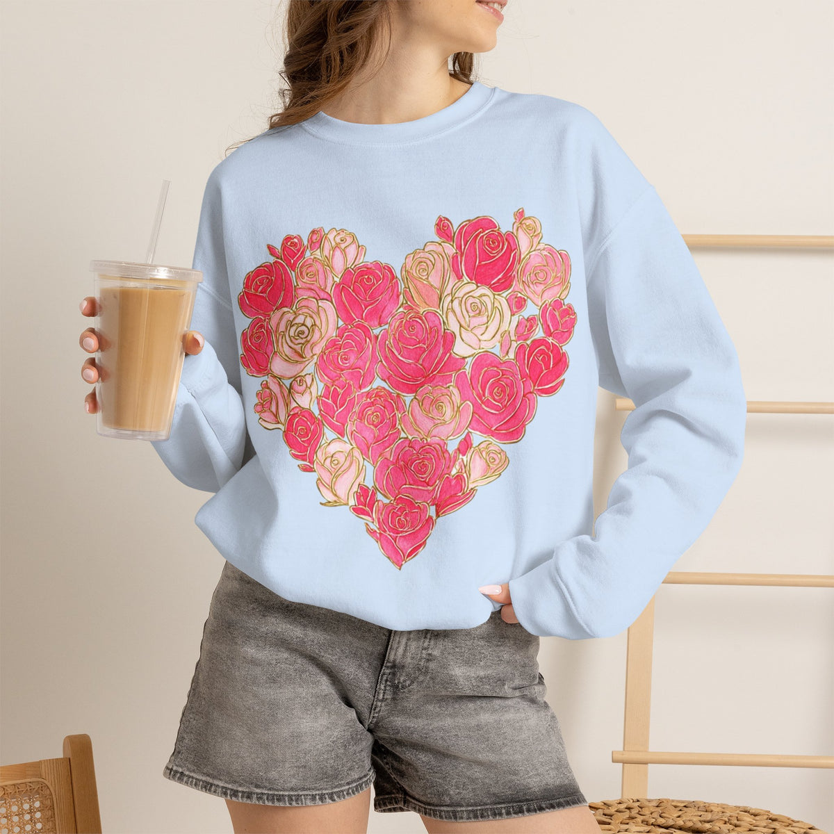 ORVIAN — Floral Rose Heart Crewneck, Romantic Pink Flower Valentine Sweatshirt, Unisex Heavy Blend