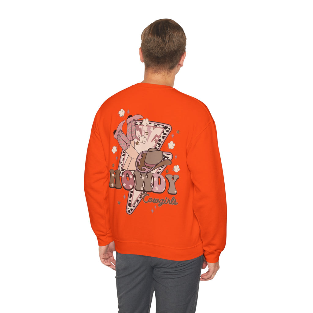 ORVIAN — Howdy Cowgirls Western Crewneck, Leopard Lightning Bolt & Cowgirl Boots Unisex Heavy Blend