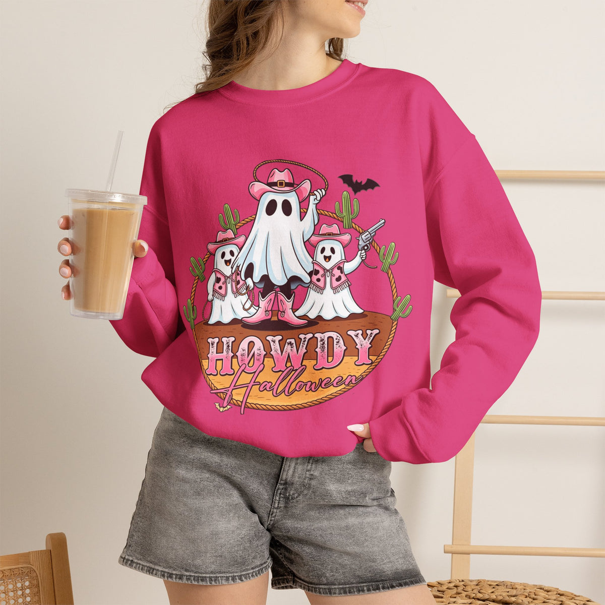 ORVIAN — Howdy Halloween Ghost Cowboy Crewneck, Pink Cowboo Western Unisex Heavy Blend