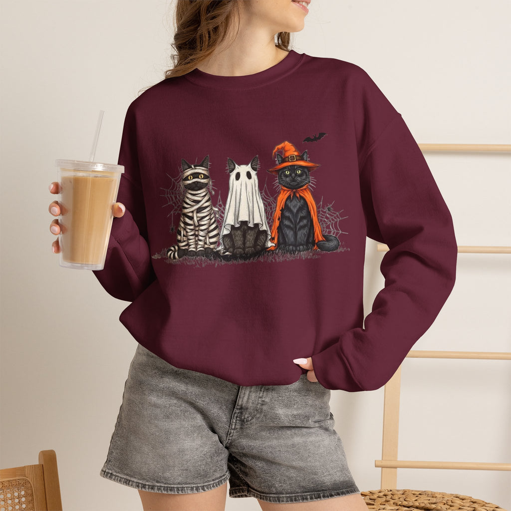 ORVIAN — Halloween Cats & Ghosts Crewneck, Spooky Cute Black Cat Unisex Sweatshirt