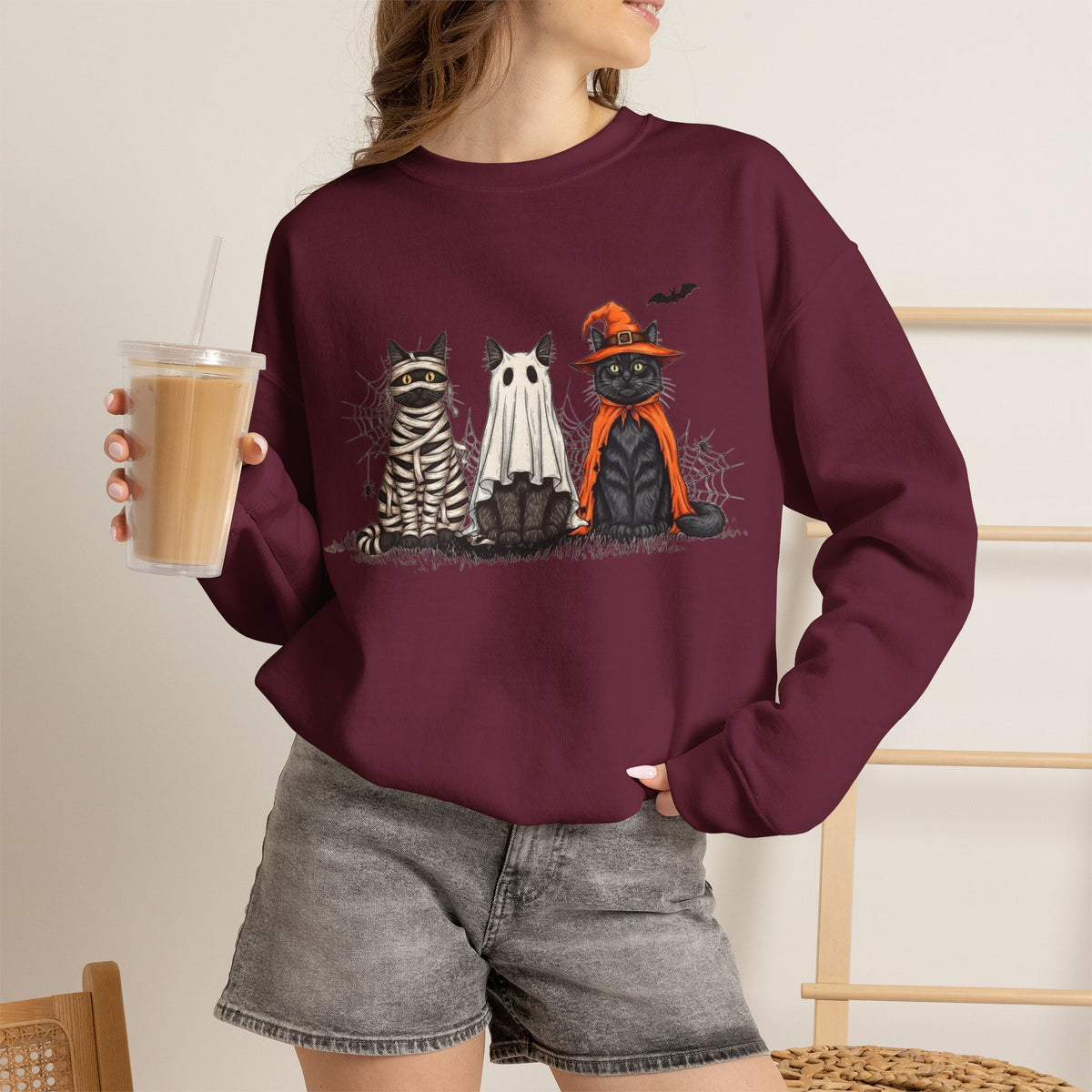 ORVIAN — Halloween Cats & Ghosts Crewneck, Spooky Cute Black Cat Unisex Sweatshirt