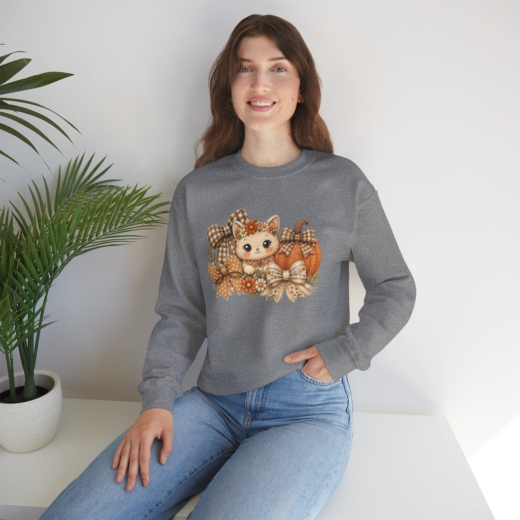 ORVIAN — Fall Kitten & Coquette Ghost Crewneck, Gingham Pumpkin Autumn Unisex Heavy Blend