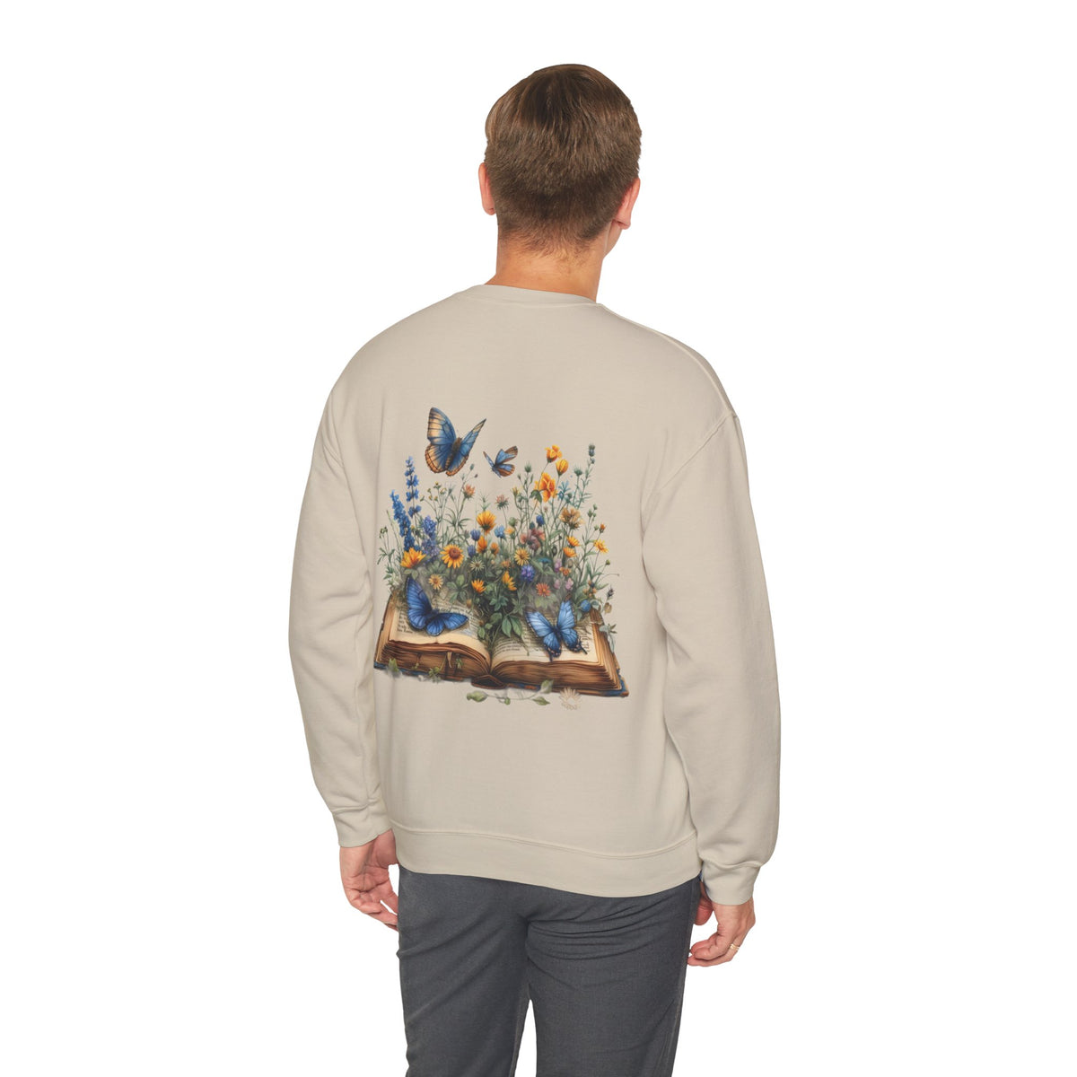 ORVIAN — Watercolor Floral Book & Butterfly Crewneck, Literary Nature Unisex Heavy Blend