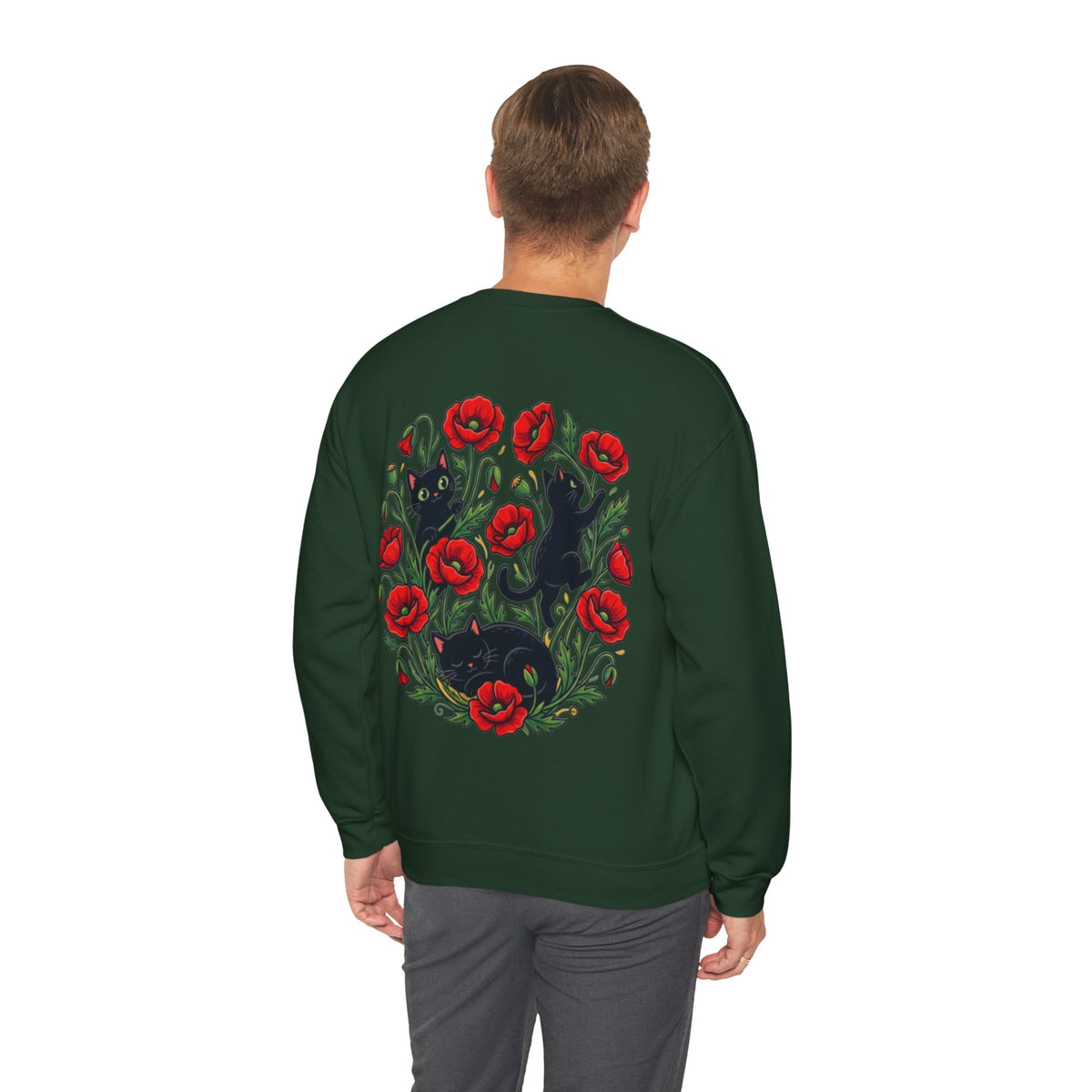 ORVIAN — Black Cat & Red Poppies Floral Crewneck, Elegant Nature Unisex Heavy Blend
