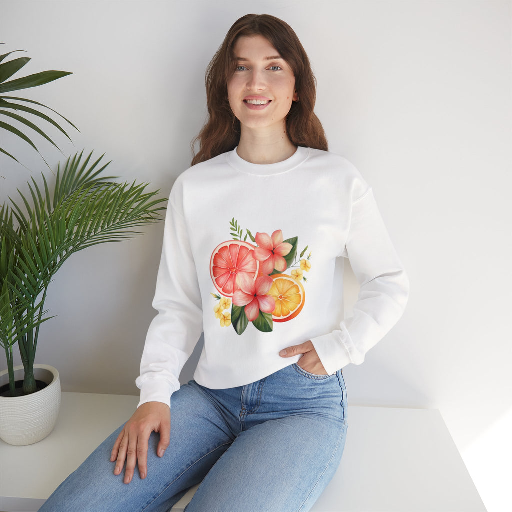ORVIAN — Tropical Citrus & Pink Floral Crewneck, Grapefruit Orange Watercolor Unisex Heavy Blend