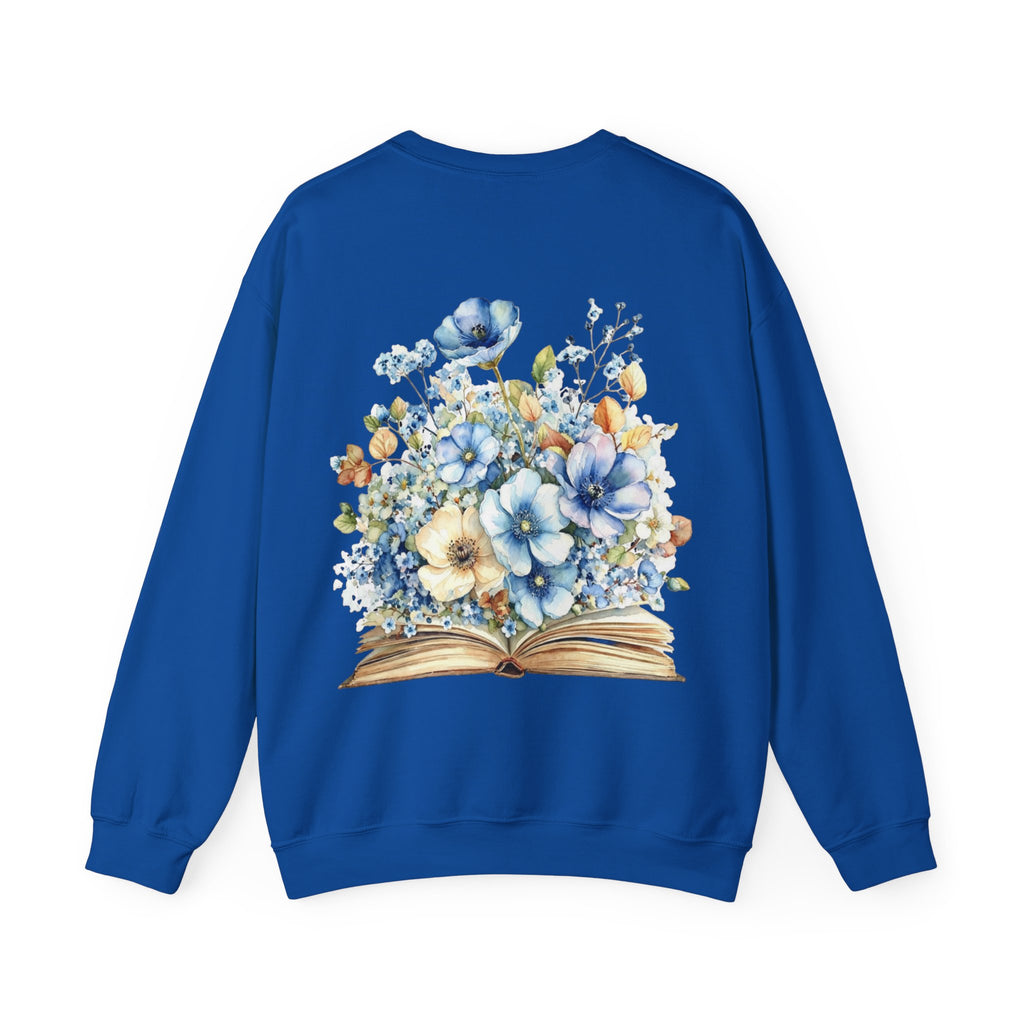 ORVIAN — Blue Watercolor Floral Book Crewneck, Open Book Wildflower Literary Unisex Heavy Blend