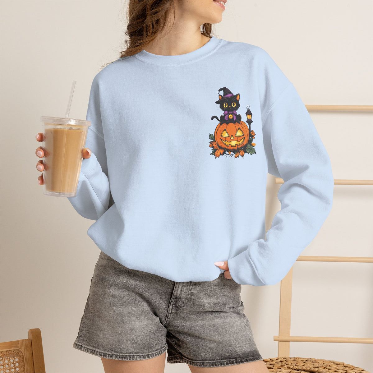 ORVIAN — Witch Cat Halloween Crewneck, Flying Black Cat & Pumpkin Patch Unisex Sweatshirt