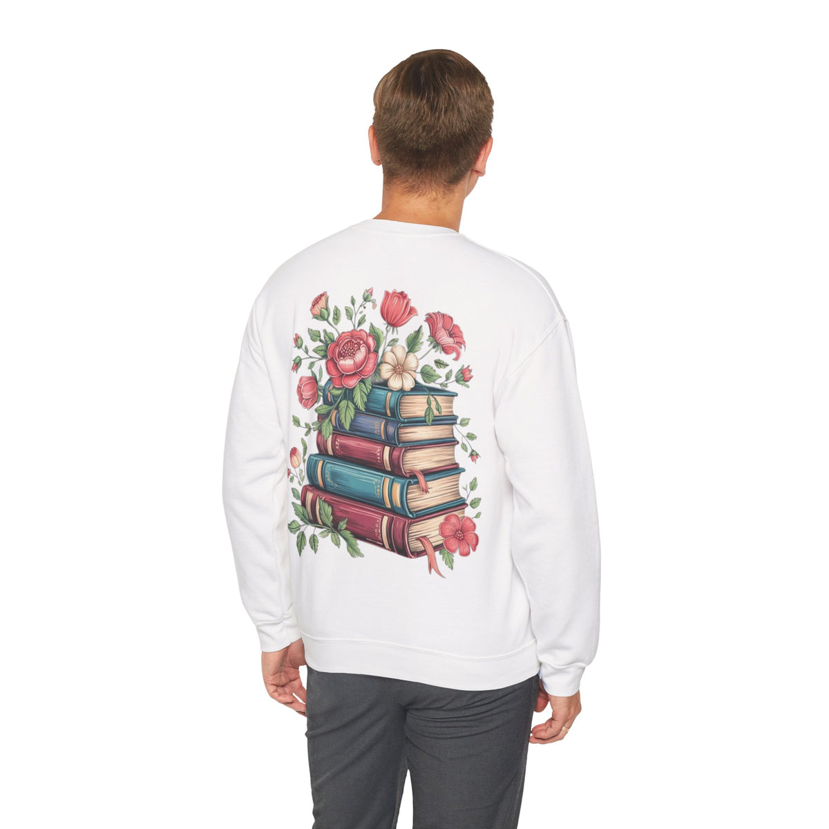 ORVIAN — Book Lover Floral Crewneck, Colorful Typography & Rose Book Stack Unisex Heavy Blend
