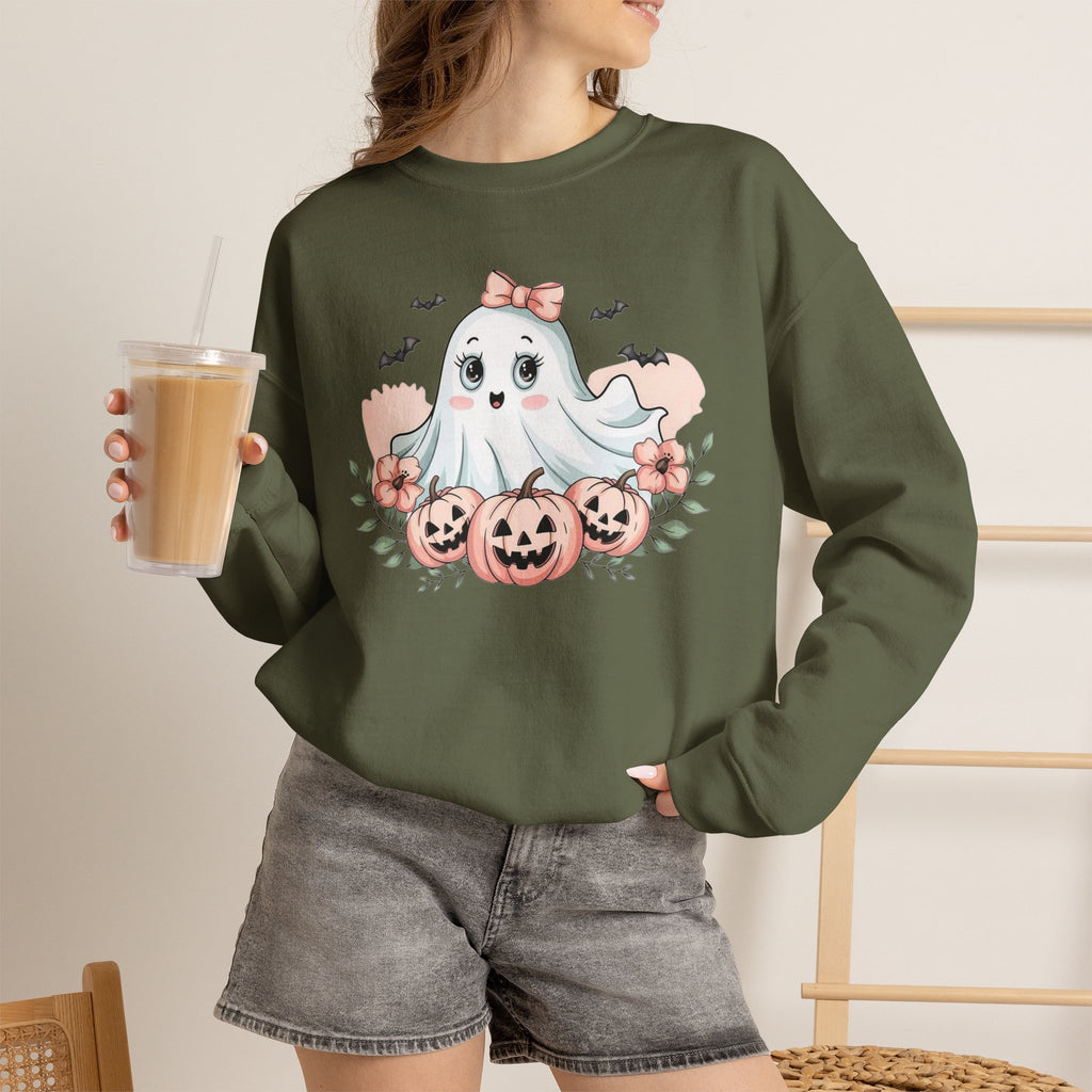 ORVIAN — Pink Halloween Coquette Ghost Crewneck, Bow & Pumpkin Unisex Heavy Blend