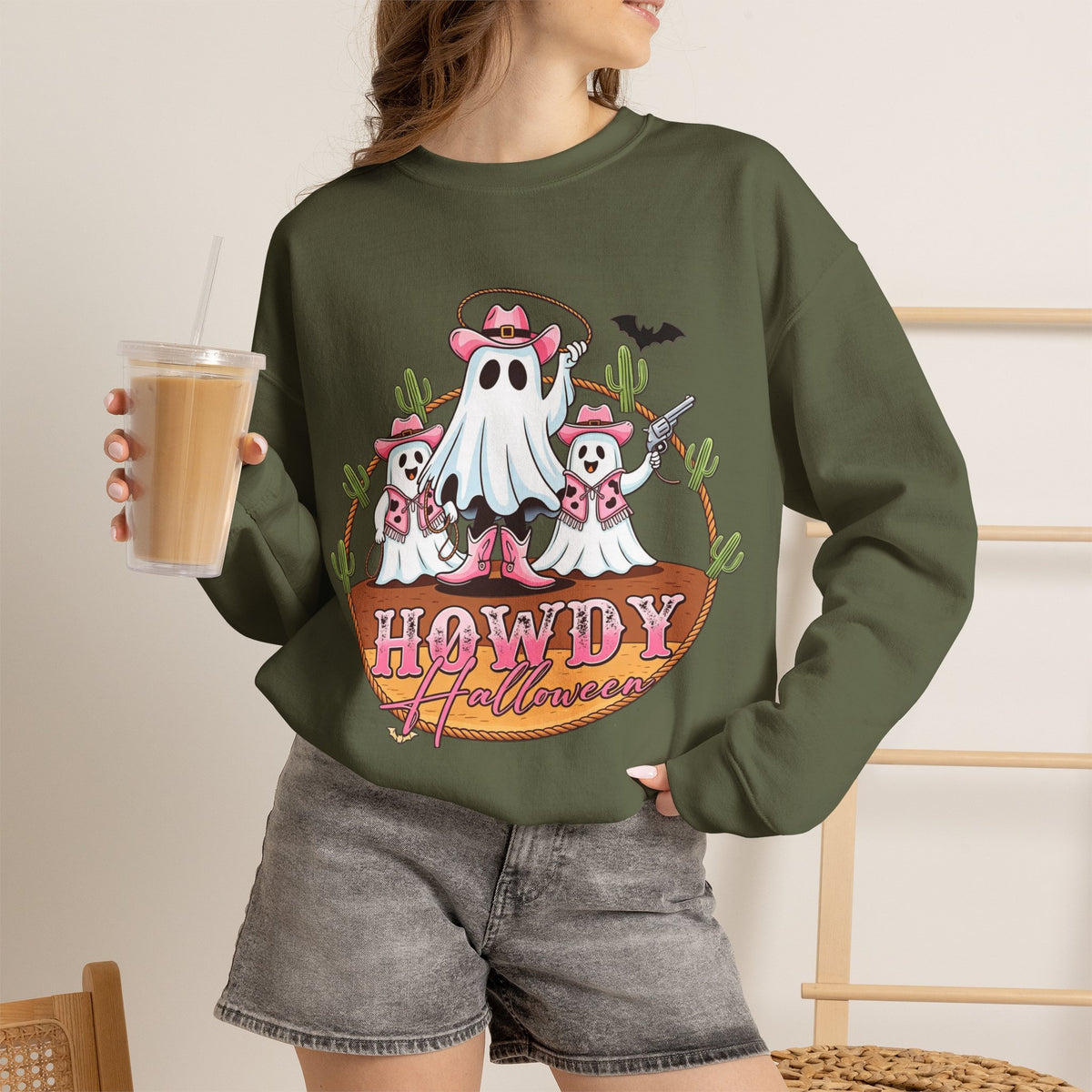 ORVIAN — Howdy Halloween Ghost Cowboy Crewneck, Pink Cowboo Western Unisex Heavy Blend