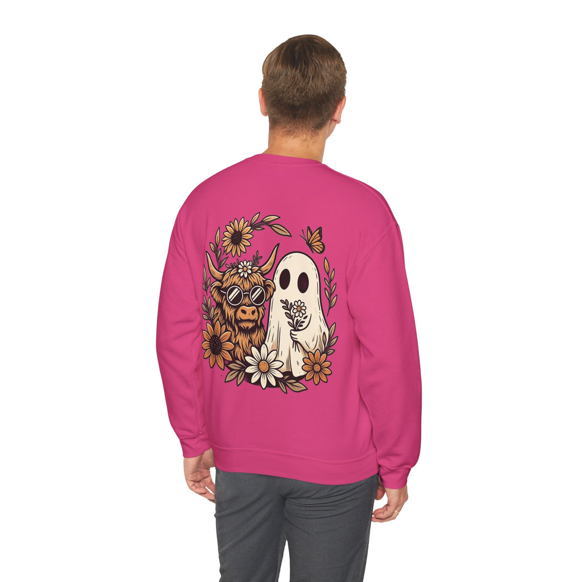 ORVIAN — Highland Cow & Cute Ghost Western Floral Crewneck, Spooky Unisex Sweatshirt