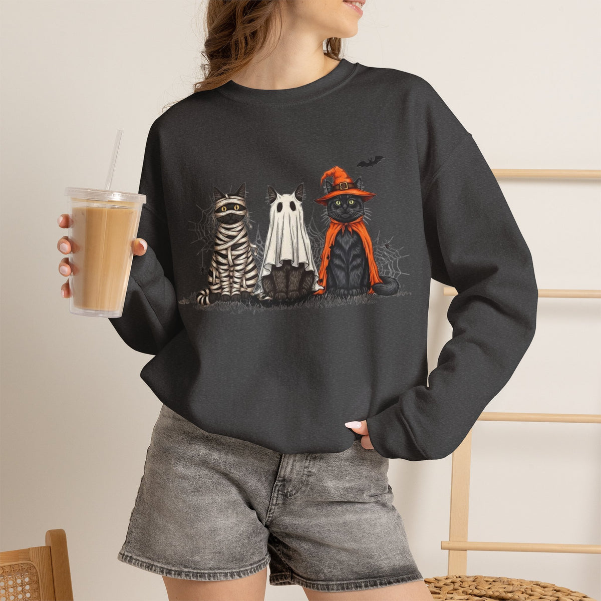 ORVIAN — Halloween Cats & Ghosts Crewneck, Spooky Cute Black Cat Unisex Sweatshirt