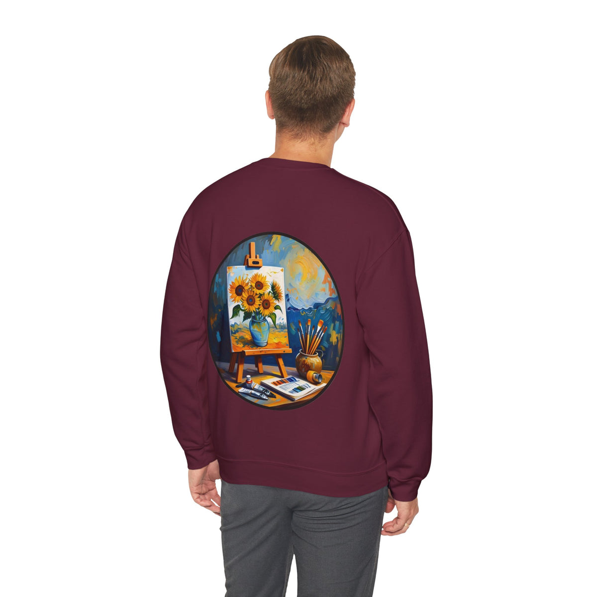 ORVIAN — Van Gogh Starry Night Sunflower & Artist Easel Crewneck, Art-Inspired Sweatshirt