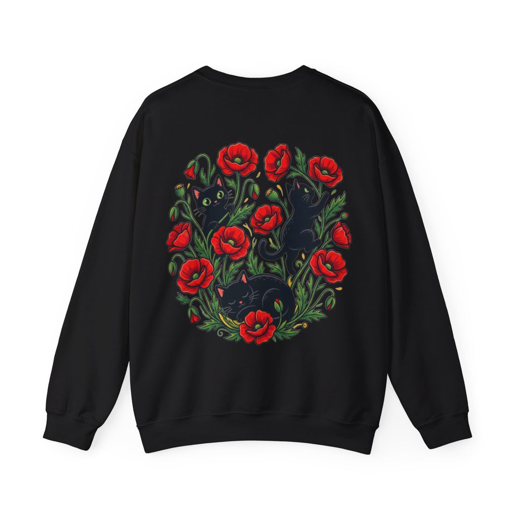 ORVIAN — Black Cat & Red Poppies Floral Crewneck, Elegant Nature Unisex Heavy Blend