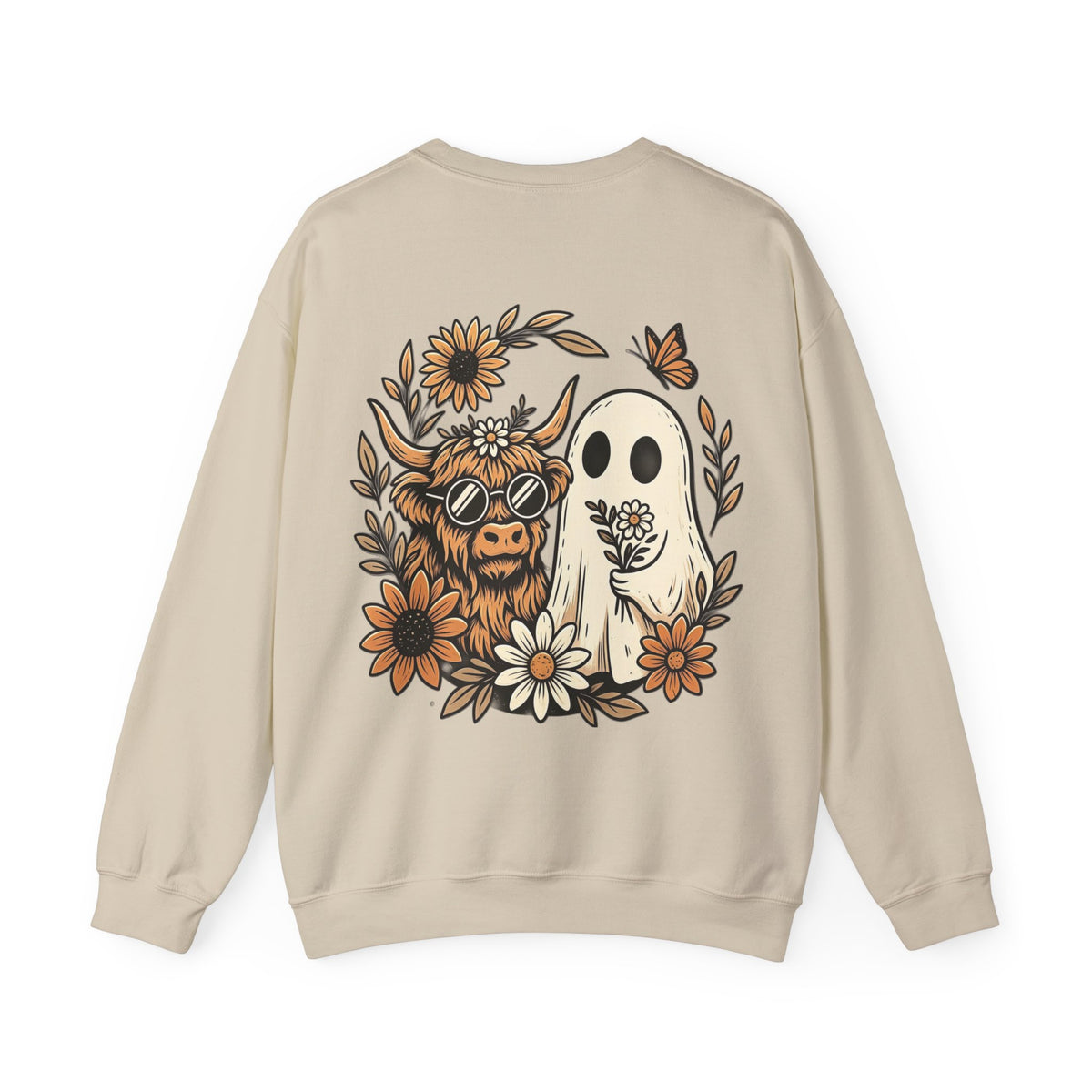 ORVIAN — Highland Cow & Cute Ghost Western Floral Crewneck, Spooky Unisex Sweatshirt
