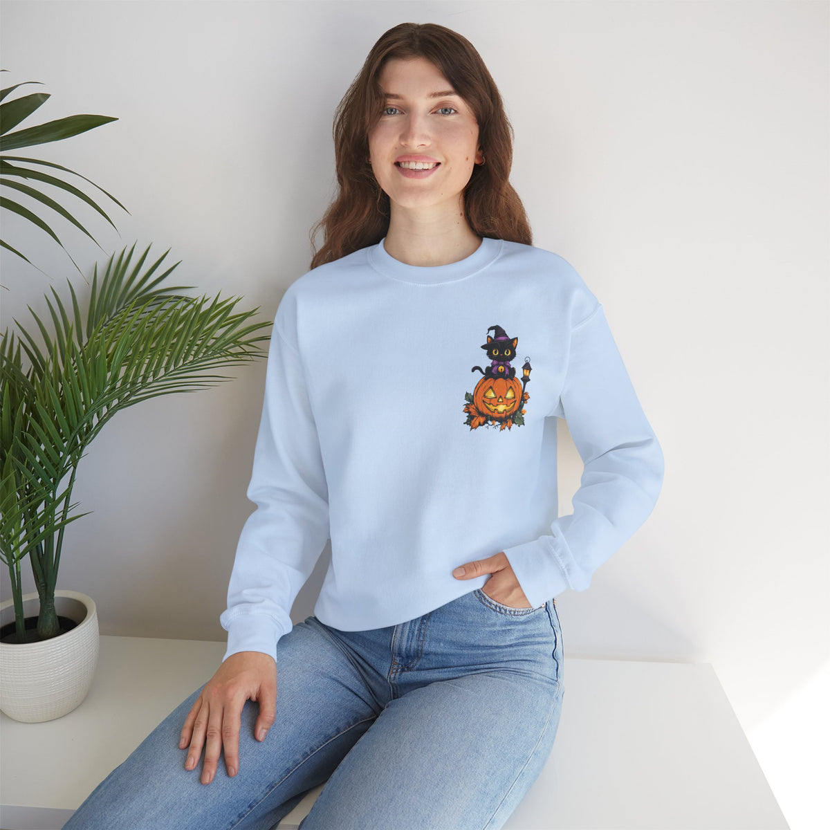 ORVIAN — Witch Cat Halloween Crewneck, Flying Black Cat & Pumpkin Patch Unisex Sweatshirt