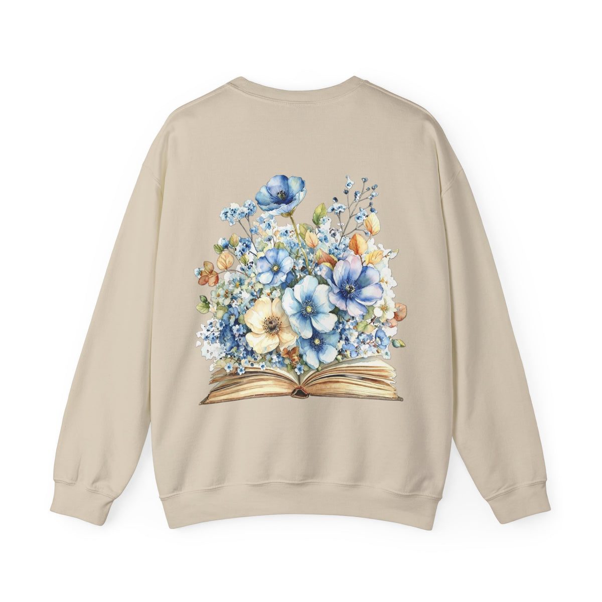 ORVIAN — Blue Watercolor Floral Book Crewneck, Open Book Wildflower Literary Unisex Heavy Blend