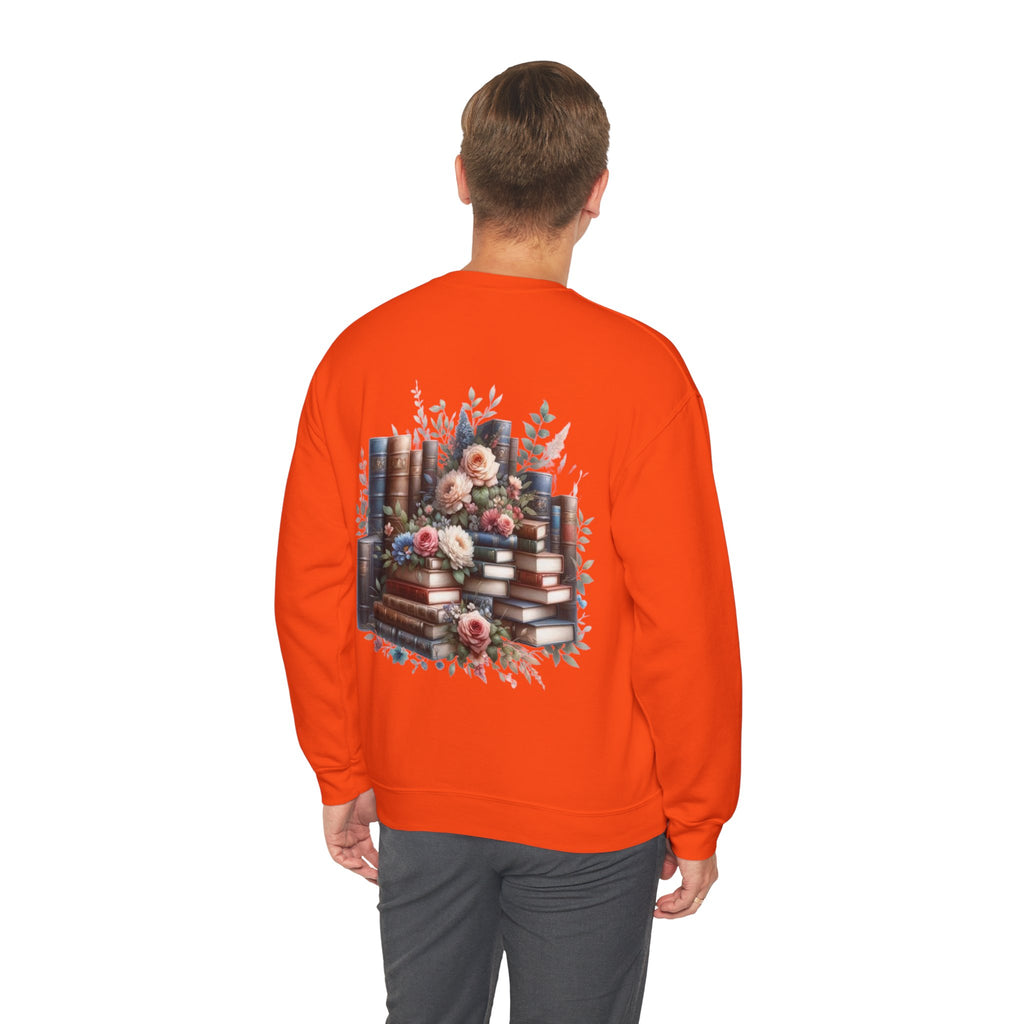 ORVIAN — Blue Watercolor Floral Book Crewneck, Open Book Wildflower Literary Unisex Heavy Blend