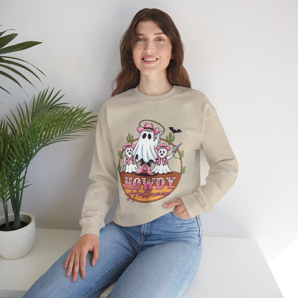 ORVIAN — Howdy Halloween Ghost Cowboy Crewneck, Pink Cowboo Western Unisex Heavy Blend