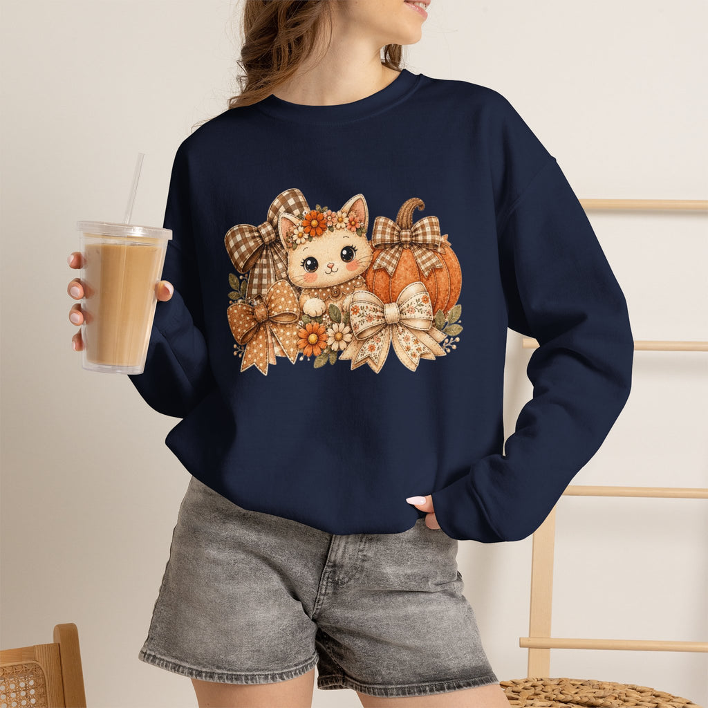 ORVIAN — Fall Kitten & Coquette Ghost Crewneck, Gingham Pumpkin Autumn Unisex Heavy Blend