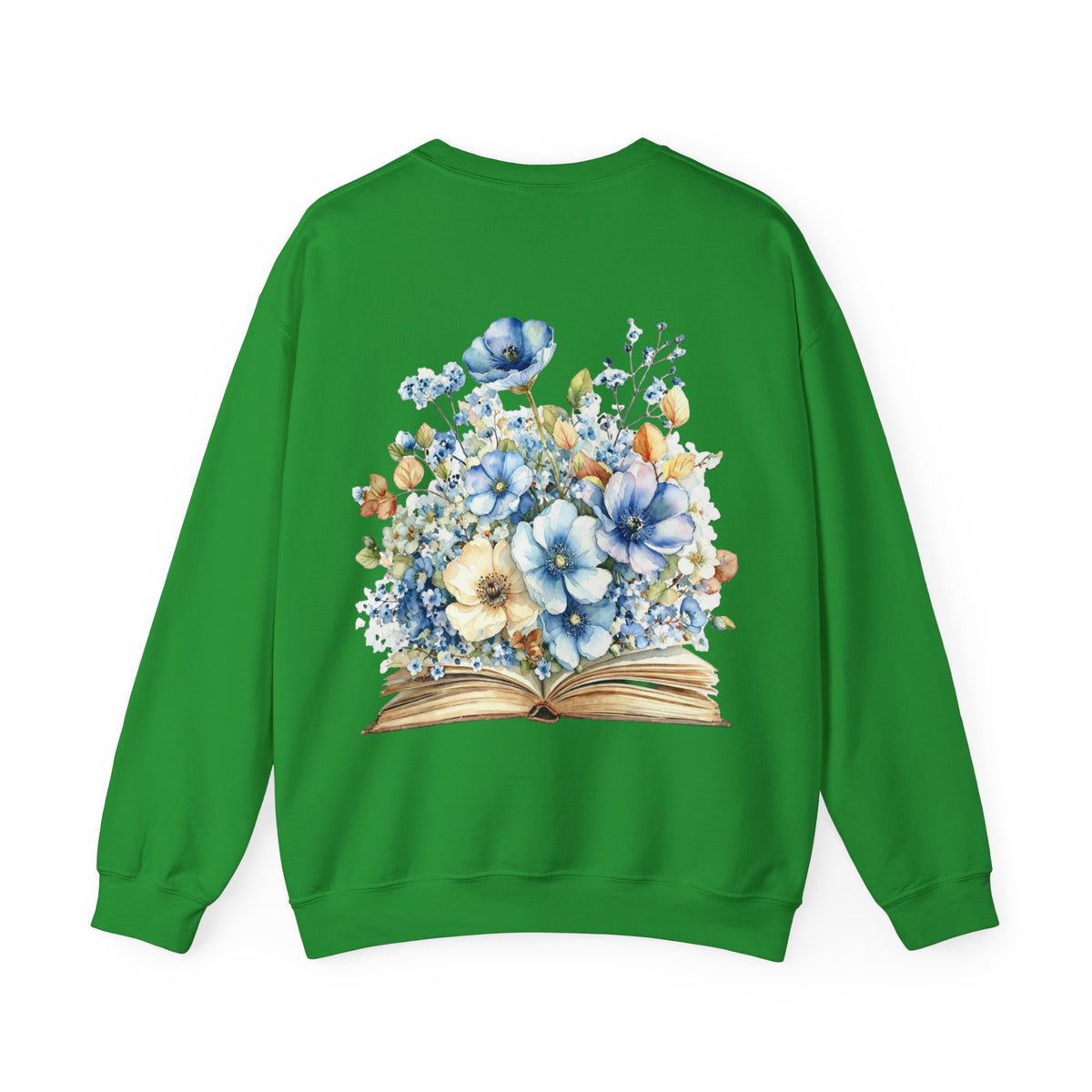 ORVIAN — Blue Watercolor Floral Book Crewneck, Open Book Wildflower Literary Unisex Heavy Blend