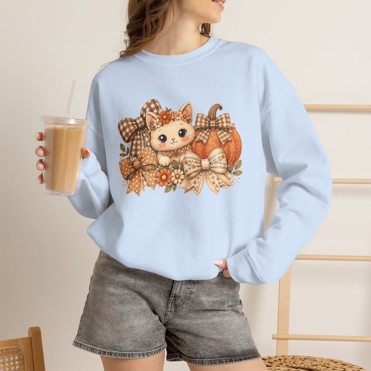 ORVIAN — Fall Kitten & Coquette Ghost Crewneck, Gingham Pumpkin Autumn Unisex Heavy Blend
