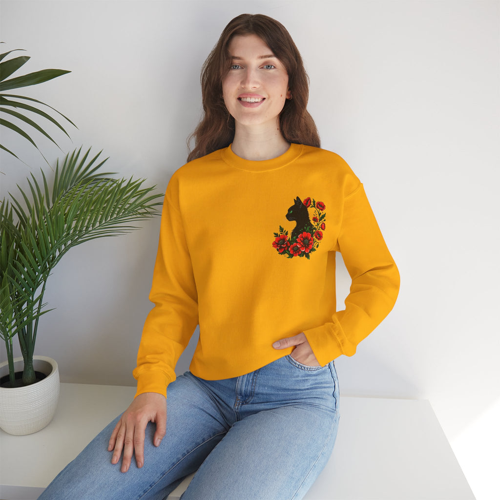 ORVIAN — Black Cat & Red Poppies Floral Crewneck, Elegant Nature Unisex Heavy Blend