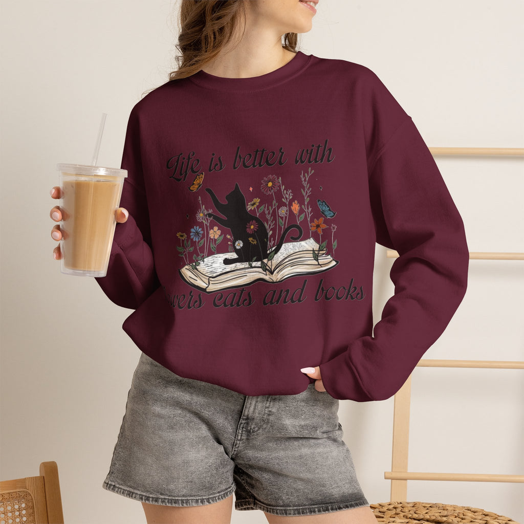 ORVIAN — Life Is Better With Flowers, Cats & Books Crewneck, Black Cat Book Stack Unisex