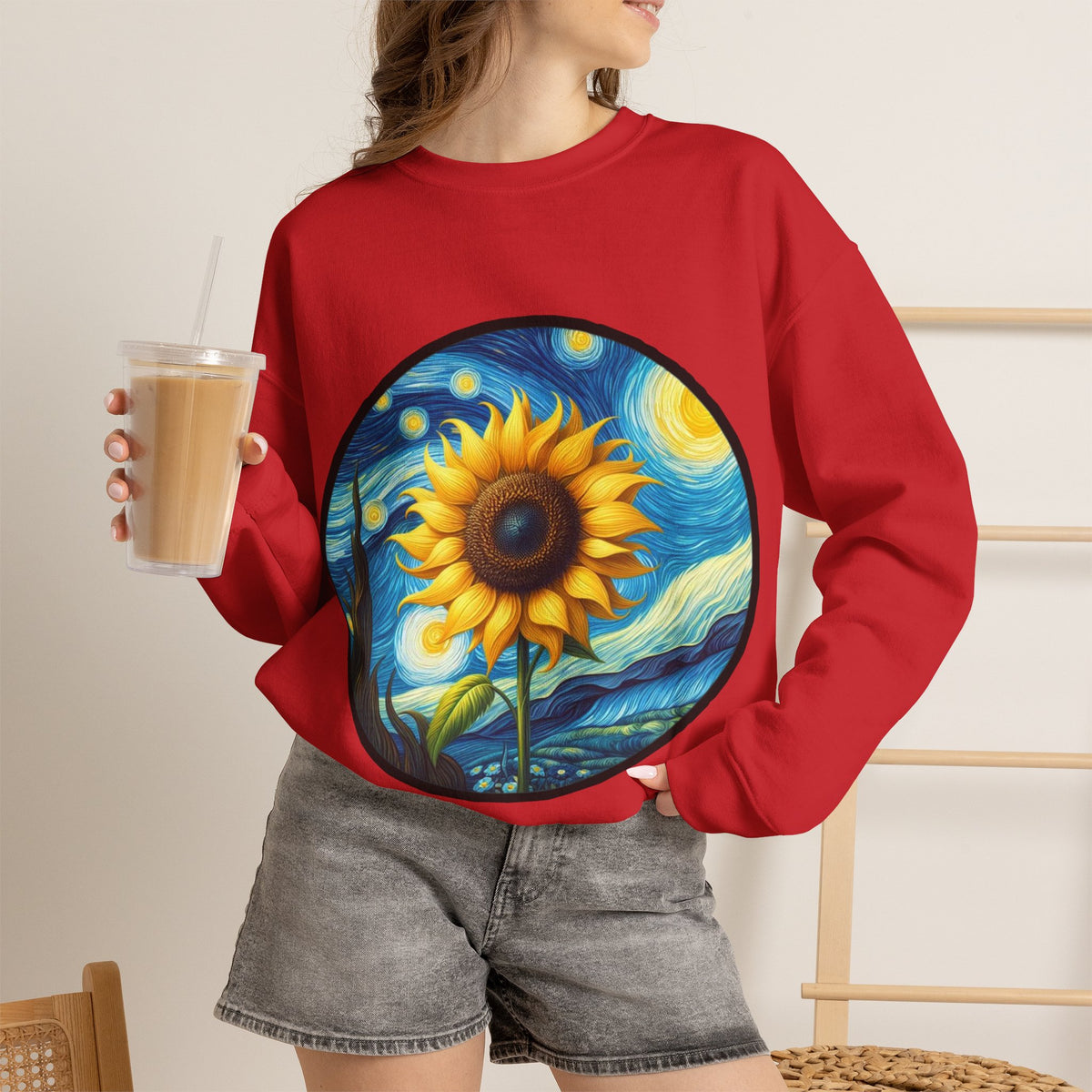 ORVIAN — Van Gogh Starry Night Sunflower & Artist Easel Crewneck, Art-Inspired Sweatshirt
