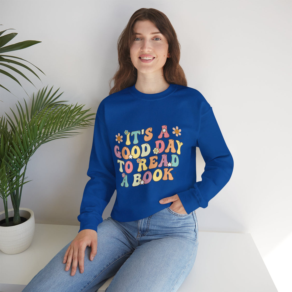 ORVIAN — Good Day to Read a Book Crewneck, Retro Floral Book Lover Sweatshirt Unisex Heavy Blend