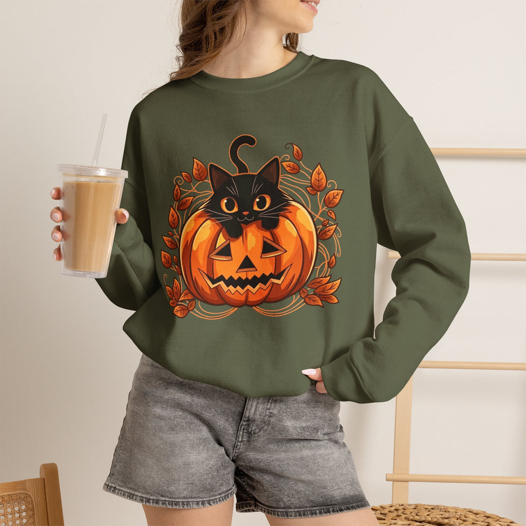 ORVIAN — Black Cat & Pumpkin Halloween Crewneck, Ghost & Coquette Bow Unisex Heavy Blend