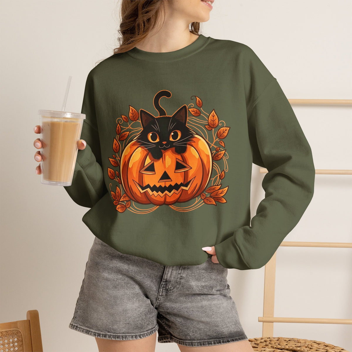 ORVIAN — Black Cat & Pumpkin Halloween Crewneck, Ghost & Coquette Bow Unisex Heavy Blend