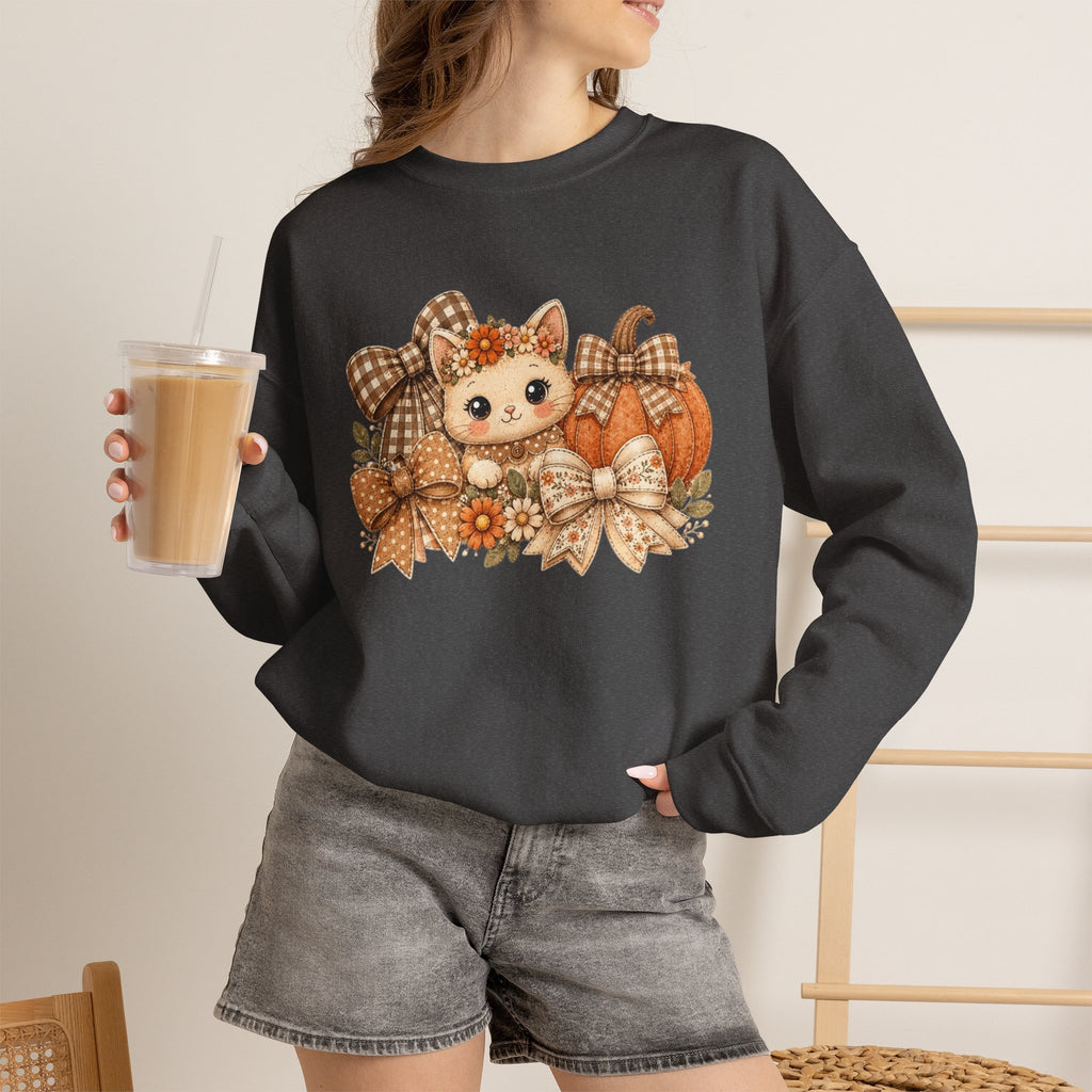 ORVIAN — Fall Kitten & Coquette Ghost Crewneck, Gingham Pumpkin Autumn Unisex Heavy Blend