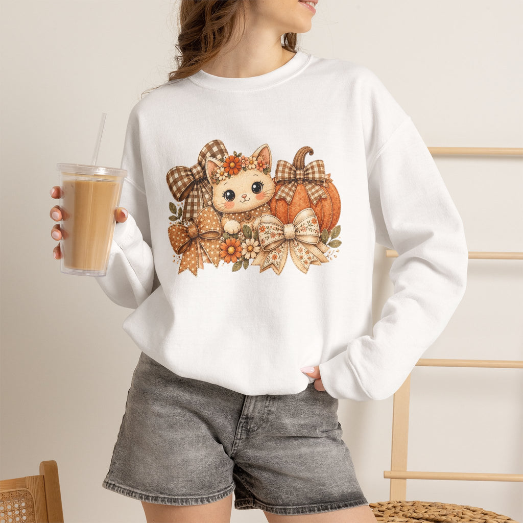 ORVIAN — Fall Kitten & Coquette Ghost Crewneck, Gingham Pumpkin Autumn Unisex Heavy Blend
