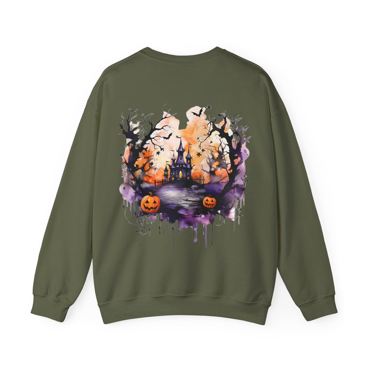 ORVIAN — Watercolor Haunted Castle Halloween Crewneck, Purple Jack-o'-Lantern Unisex Heavy Blend