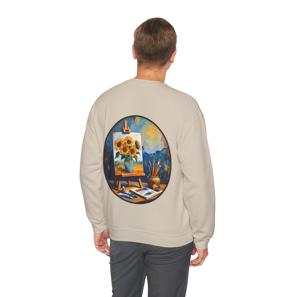 ORVIAN — Van Gogh Starry Night Sunflower & Artist Easel Crewneck, Art-Inspired Sweatshirt