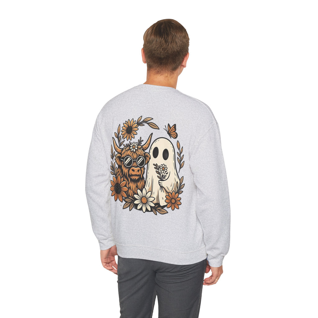 ORVIAN — Highland Cow & Cute Ghost Western Floral Crewneck, Spooky Unisex Sweatshirt