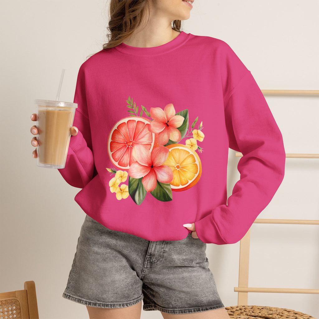 ORVIAN — Tropical Citrus & Pink Floral Crewneck, Grapefruit Orange Watercolor Unisex Heavy Blend