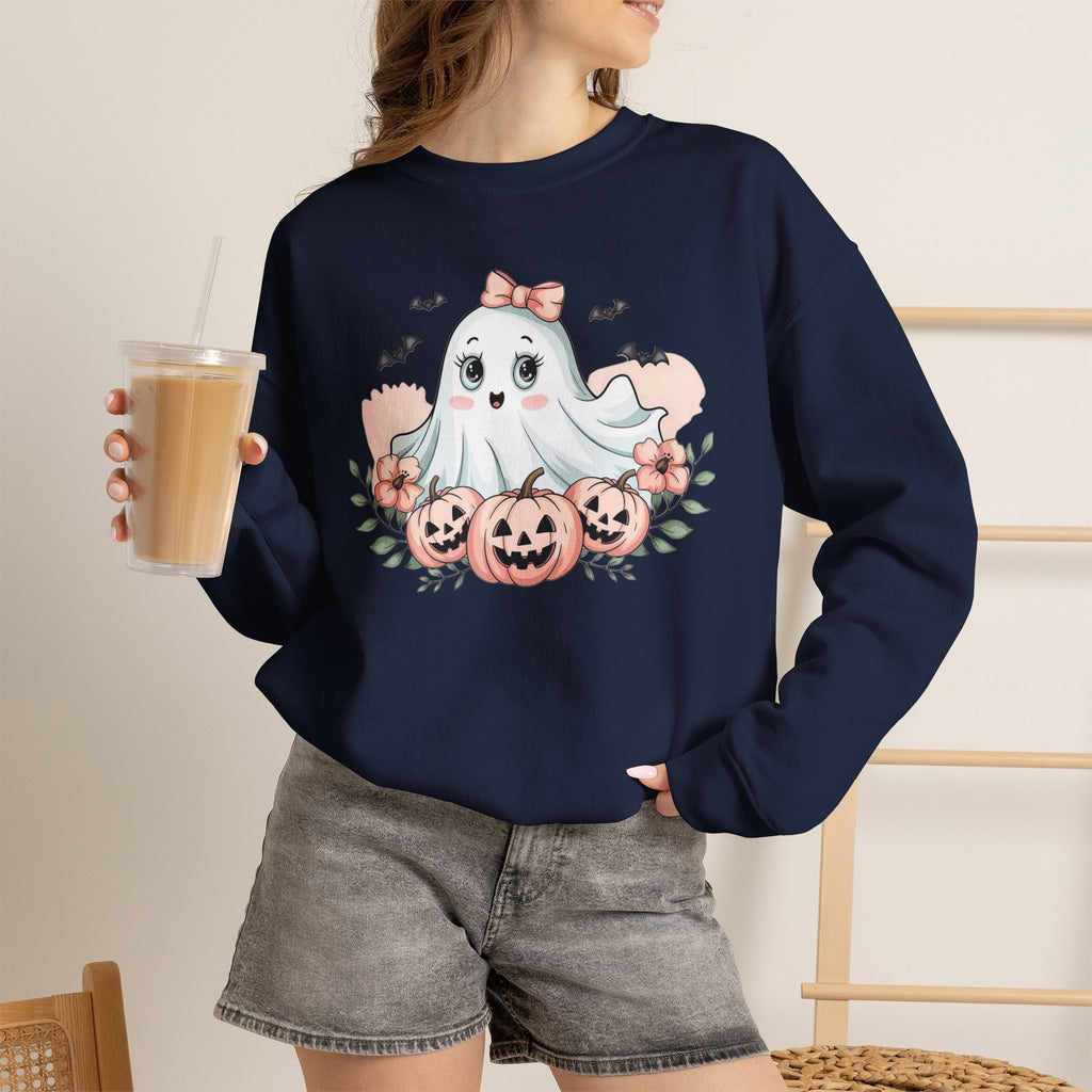 ORVIAN — Pink Halloween Coquette Ghost Crewneck, Bow & Pumpkin Unisex Heavy Blend