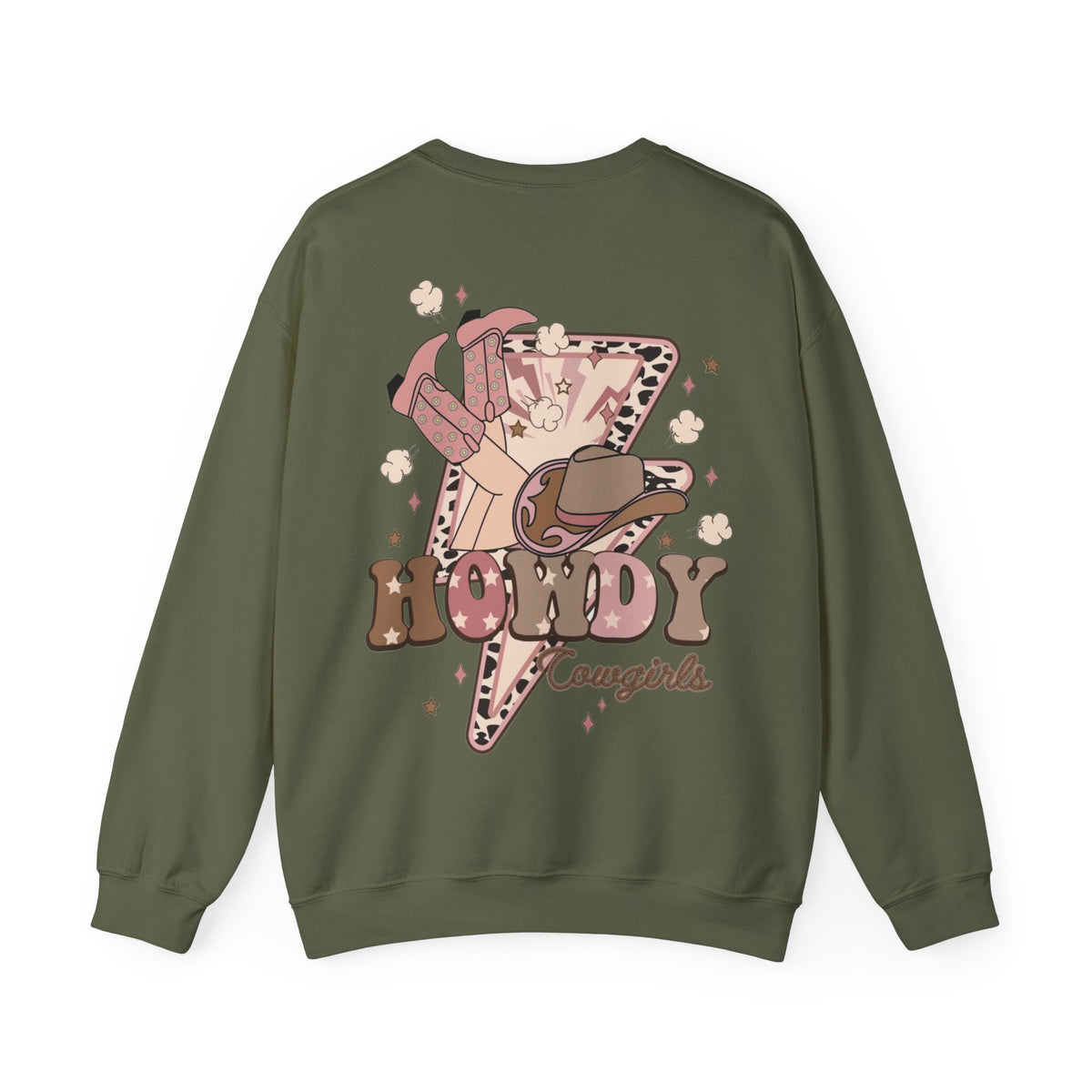 ORVIAN — Howdy Cowgirls Western Crewneck, Leopard Lightning Bolt & Cowgirl Boots Unisex Heavy Blend