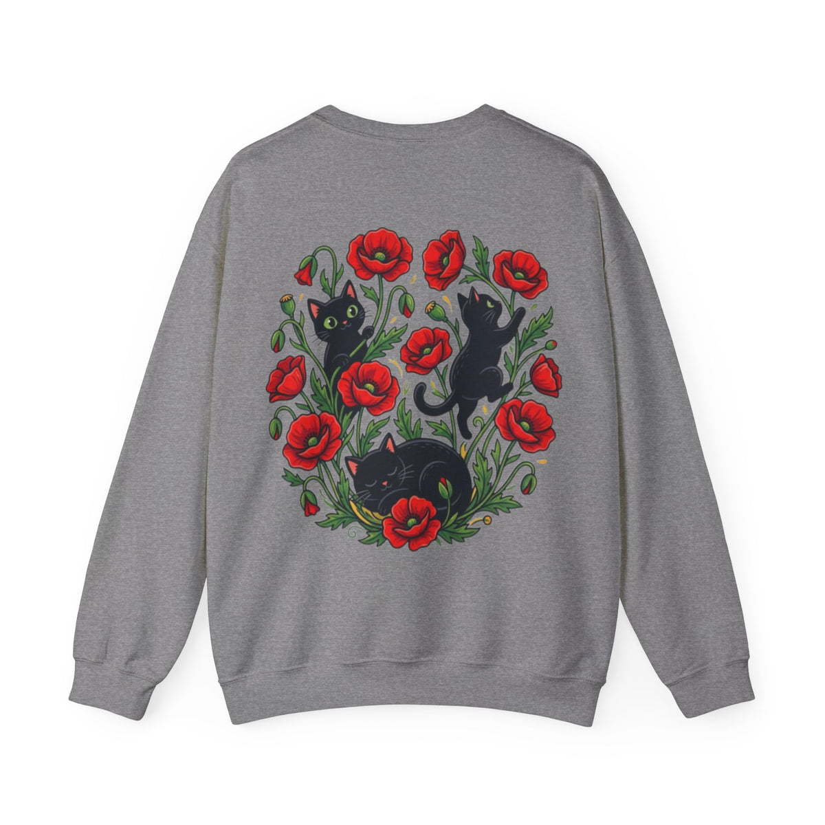 ORVIAN — Black Cat & Red Poppies Floral Crewneck, Elegant Nature Unisex Heavy Blend