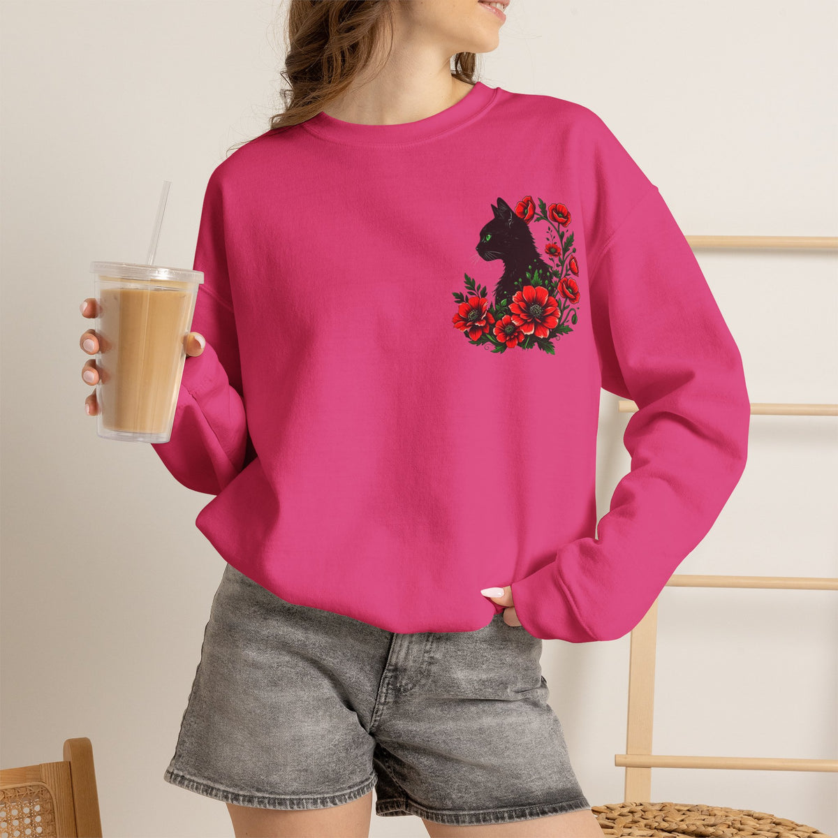 ORVIAN — Black Cat & Red Poppies Floral Crewneck, Elegant Nature Unisex Heavy Blend