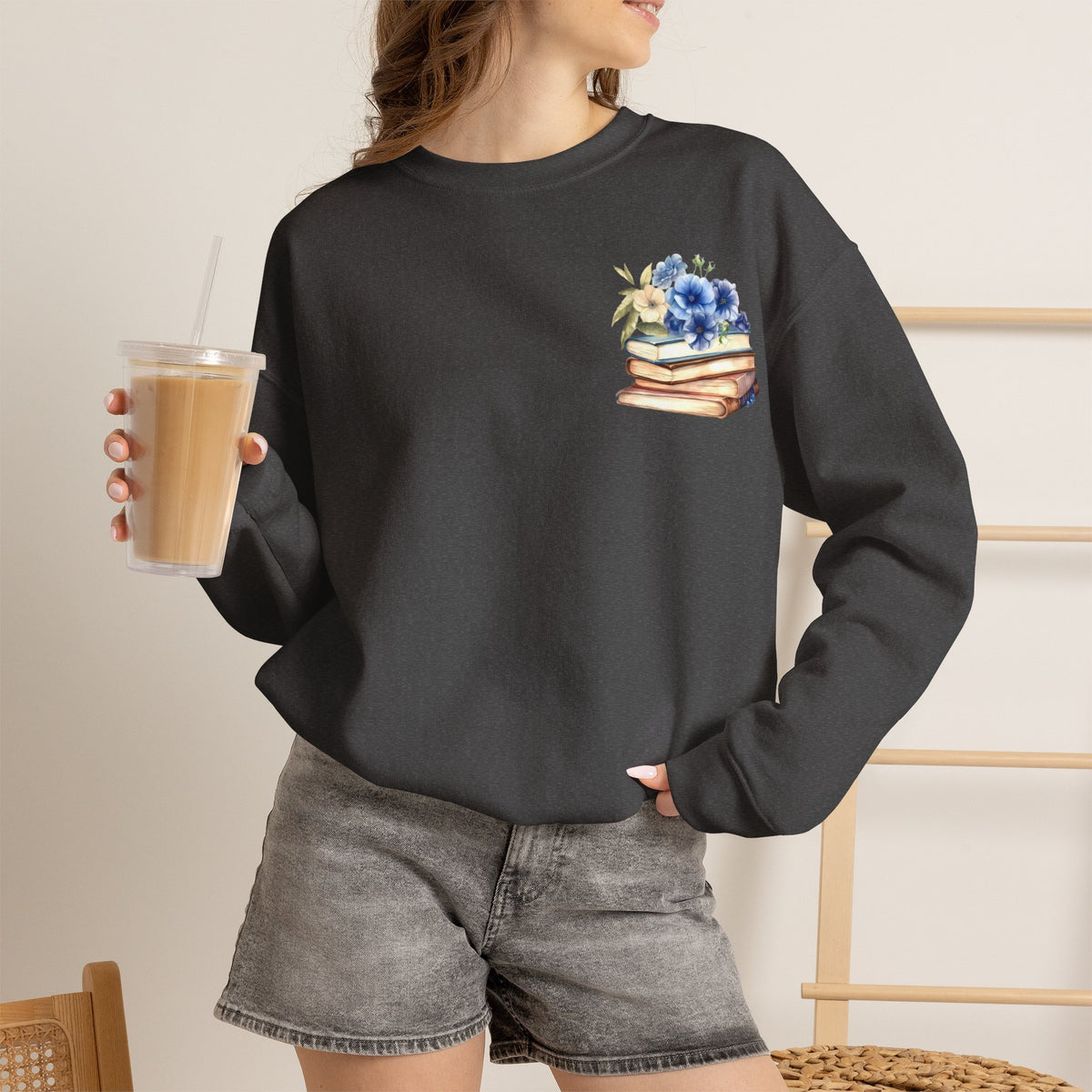 ORVIAN — Blue Watercolor Floral Book Crewneck, Open Book Wildflower Literary Unisex Heavy Blend