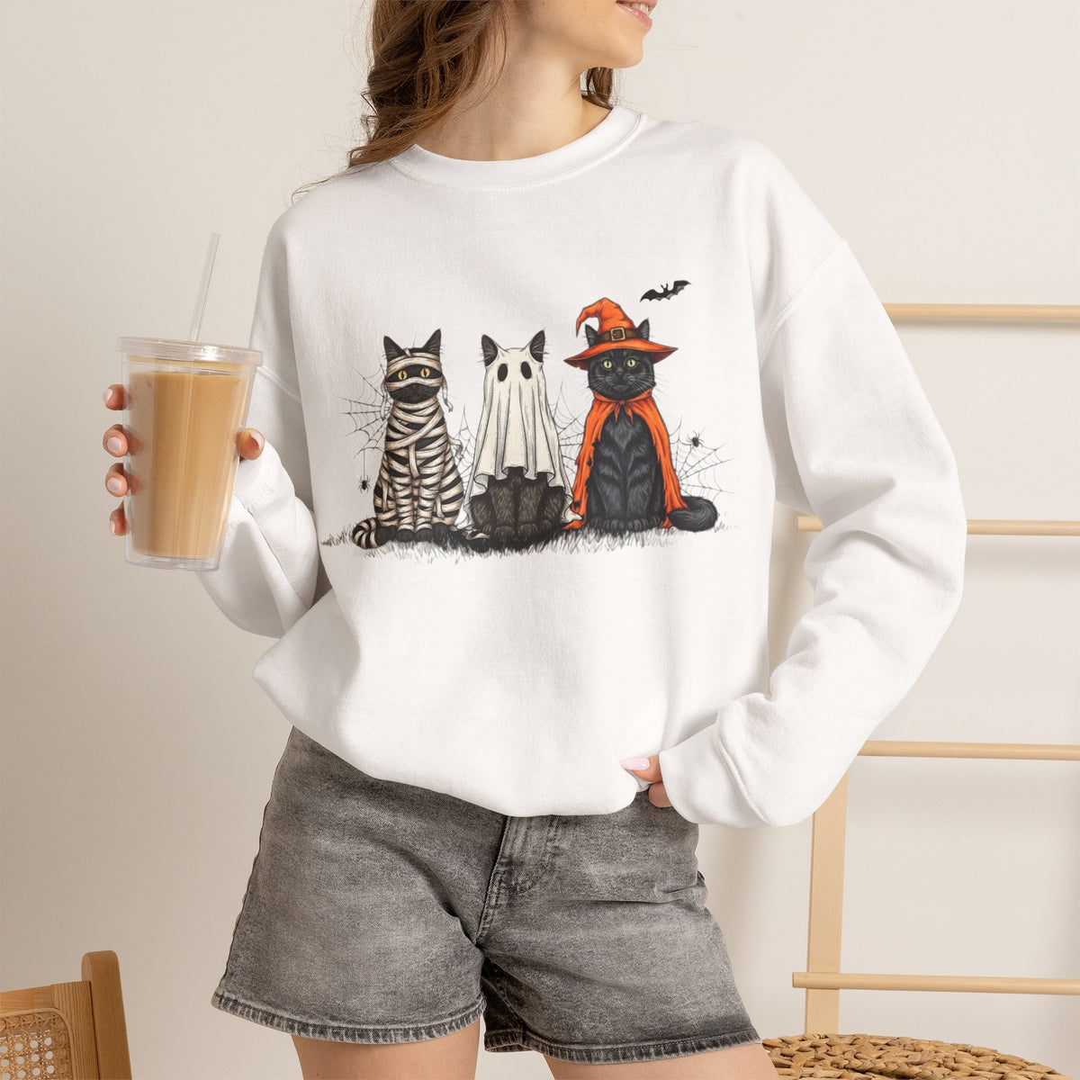 ORVIAN — Halloween Cats & Ghosts Crewneck, Spooky Cute Black Cat Unisex Sweatshirt