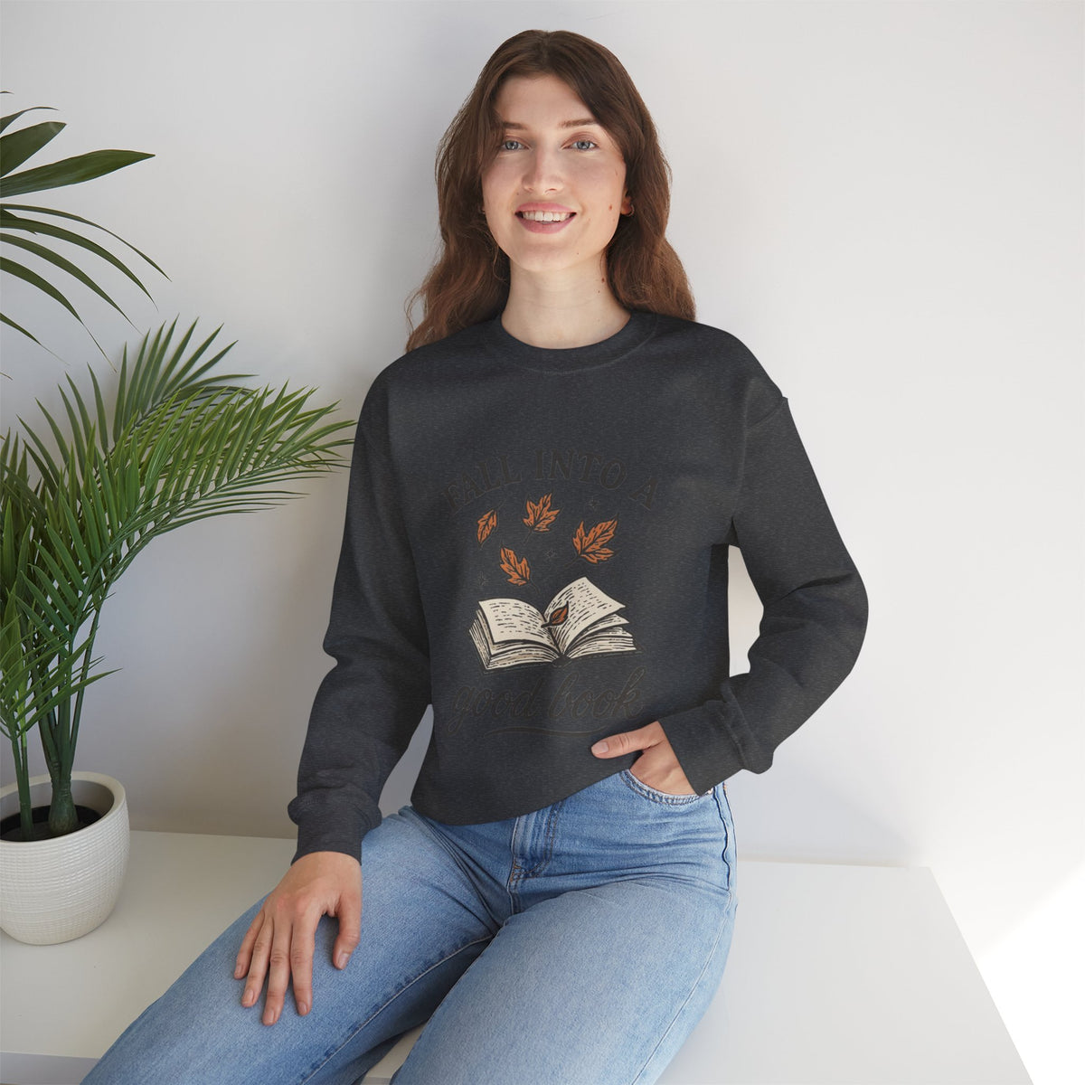 ORVIAN — Fall Into a Good Book Ghost Crewneck, Cozy Autumn Book Lover Unisex Heavy Blend
