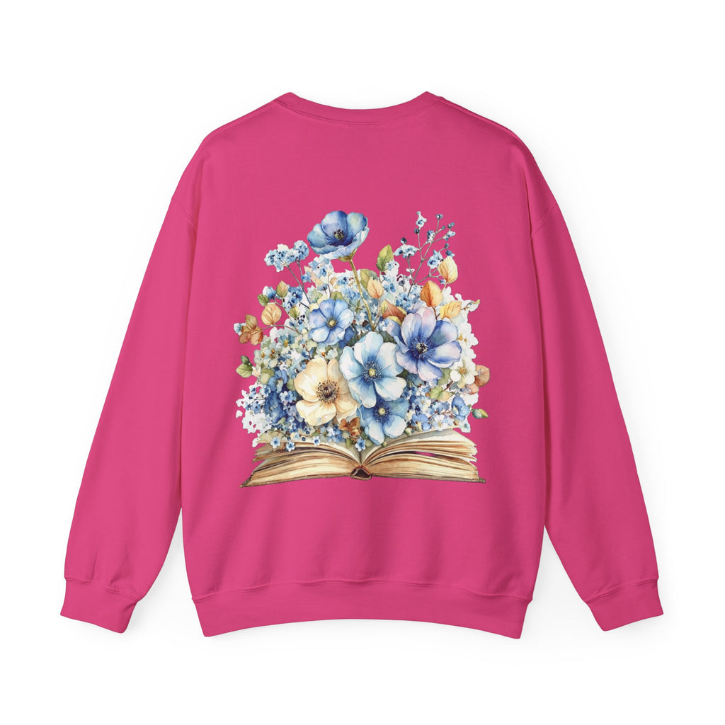ORVIAN — Blue Watercolor Floral Book Crewneck, Open Book Wildflower Literary Unisex Heavy Blend