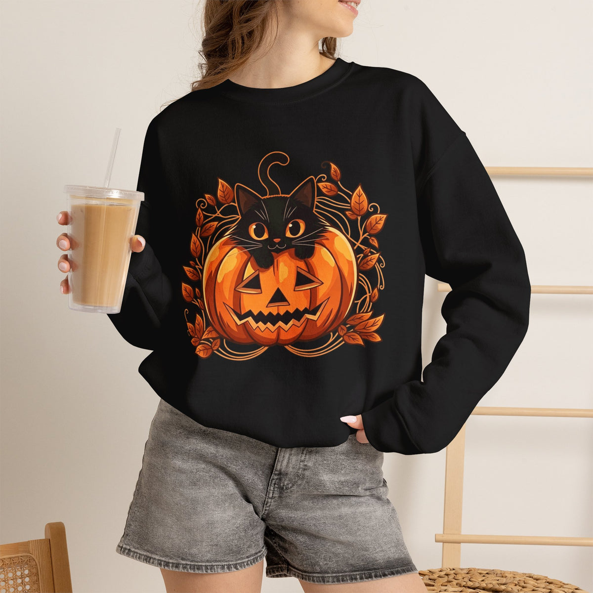 ORVIAN — Black Cat & Pumpkin Halloween Crewneck, Ghost & Coquette Bow Unisex Heavy Blend